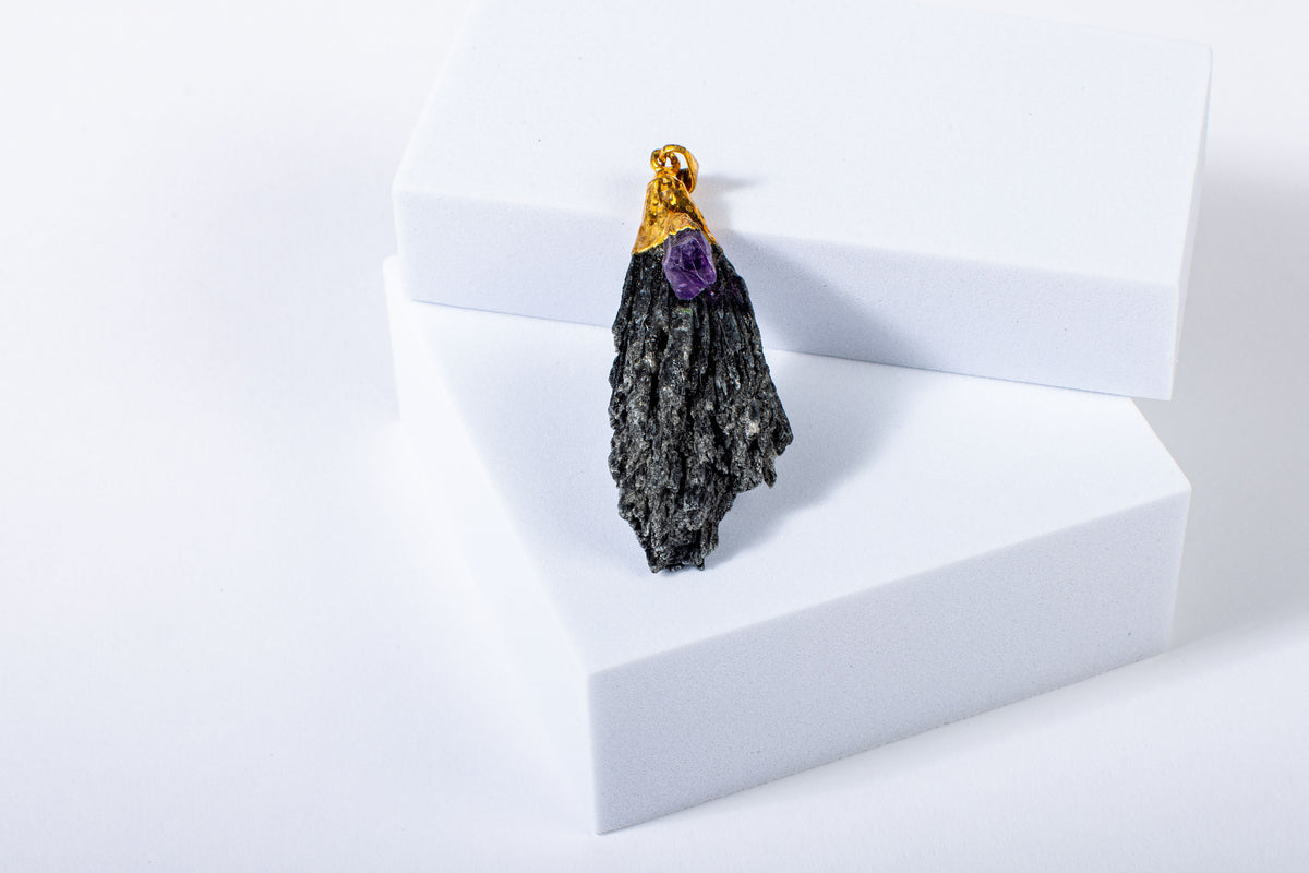 Black Kyanite with Amethyst Pendant