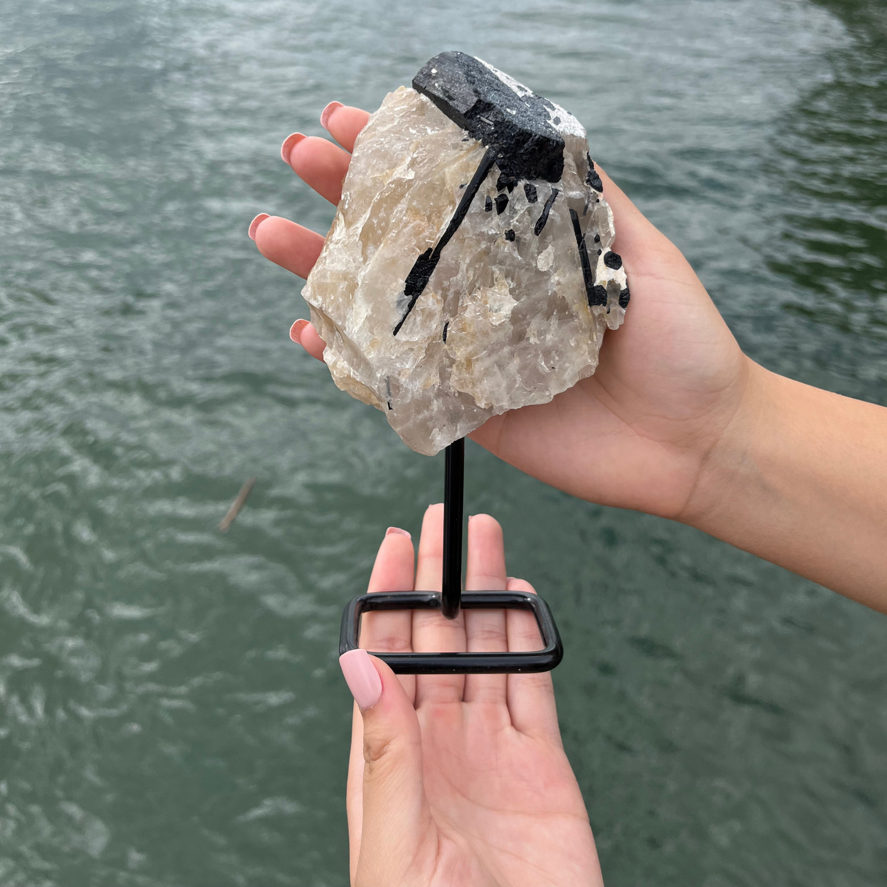 Raw Black Tourmalinated Quartz on Stand