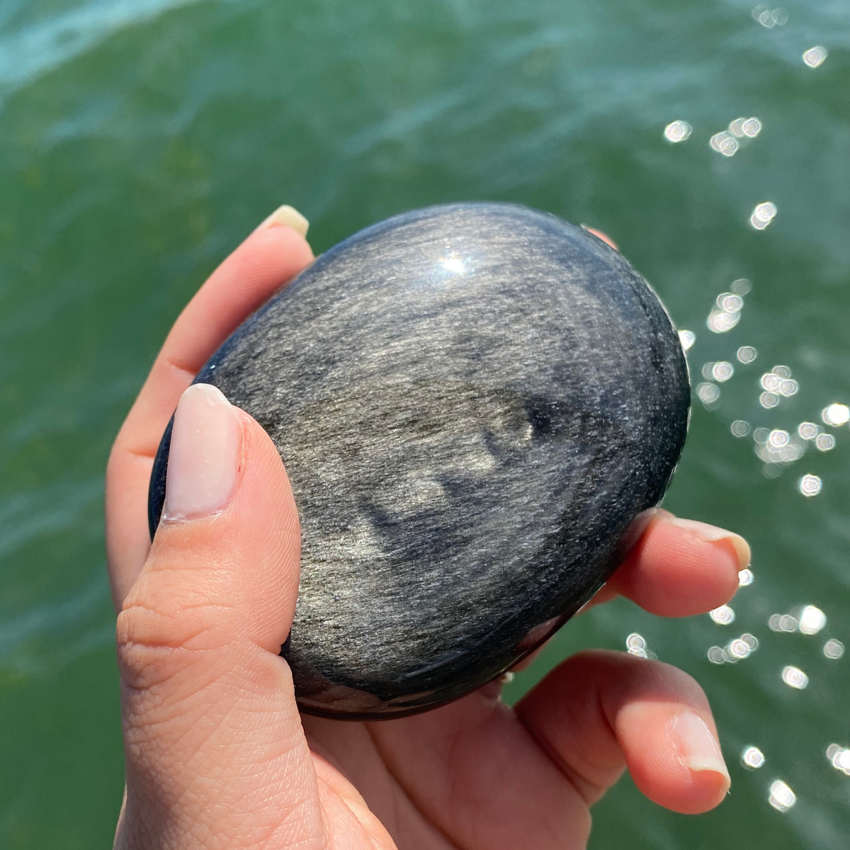 Silver Obsidian Palm Stone