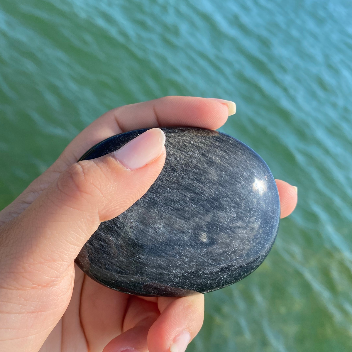 Silver Obsidian Palm Stone